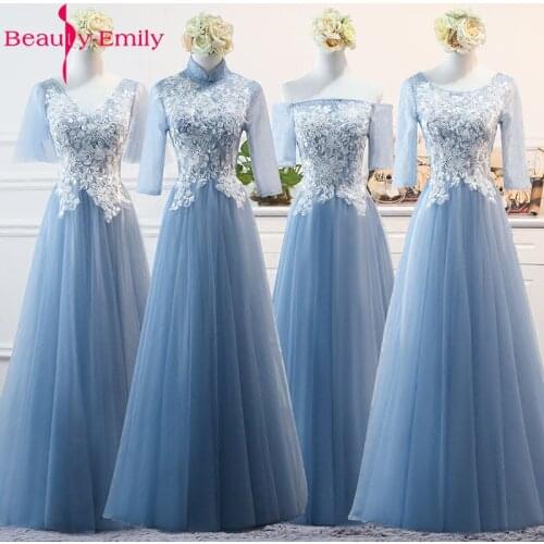 Beauty Emily 2020 Fashion Blue Evening Dresses A-Line V-neck Off the Shoulder Lace Up Half Sleeve Formal Party Prom Dresses