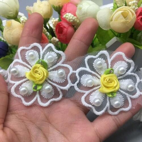 10pcs Cotton Rose Flower Pearl Yellow Embroidered Lace Fabric Trim Ribbon Applique Dress Sewing Supplies Craft For Apparel Decor