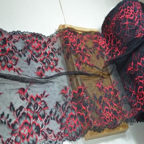 22.5CM Wide (2yds/lot)Black Gauze Red Pattern Elastic Lace Fabric,Sewing Trim Wedding Lace,DIY Garment Accessories112519