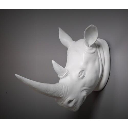 34CM MODERN RESIN EXOTIC RHINOCEROS HEAD ORNAMENT WHITE ANIMAL STATUES CRAFTS HOME HOTEL WALL HANGING ART DECORATION GIFT R102