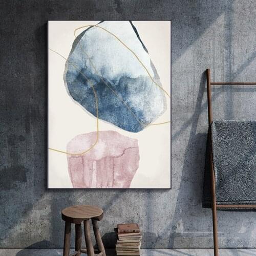 Abstract Blue Watercolor Canvas Print Paintings Golden Lines Poster Nordic Wall Art Pictures on Canvas Living Room Home Decor