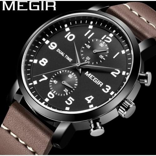 MEGIR Watch Men Waterproof Chronograph Military Army Male Clock Top Brand Luxury Brown Genuine Leather Man Sport Wristwatch 2160