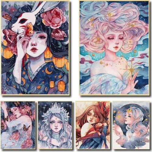Flower Girl Cartoon Anime HandPainted Kits Canvas Painting Modern Wall Art Pictures Portrait Posters and Prints Home Decoration