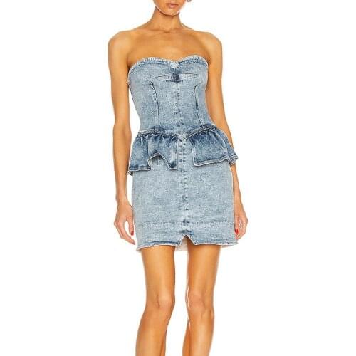 Go-Getter Girl Style Denim Skirt 2021 Summer Bandeau Slim-Fit Personality Trendy Ruffled Short Stitching Sheath Dress