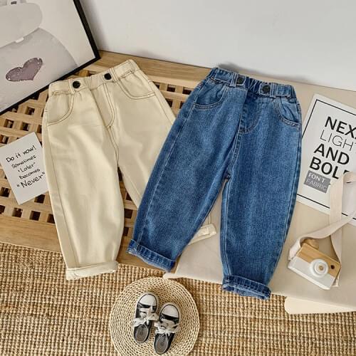 Children Fashionable Solid Color Casual Jeans Mid-Waist Loose Trousers With Pocket Daily Life And Vacation Daily White Blue