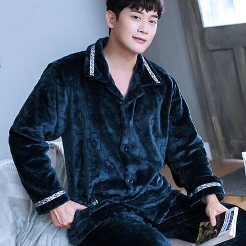 H5908 Winter Pajamas Men Thickened Flannel Autumn Nightwear Male Long Sleeve Large Casual Loose Coral Velvet Home Clothes Suit