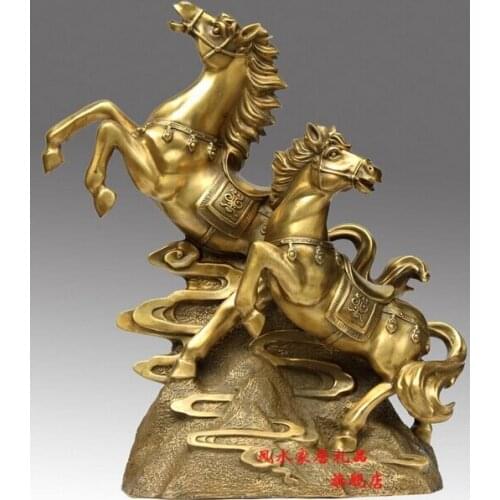 Chinese Brass Copper Home Decoration Sculpture Fengshui Two Horse Gallop Statue