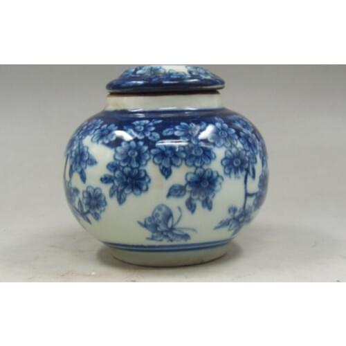 Chinese old Handmade painting flowers blue and white porcelain Tea caddy pot 6