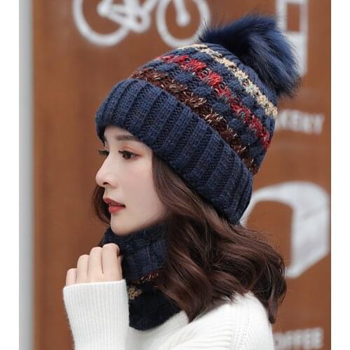 New Women Warm Winter Hat Add Fur Lined Soft Beanie Neck Warmer Scarf Thick Striped Color Knitted Hat Fashion Girls Pompoms Hat