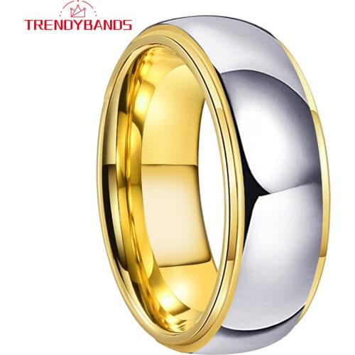 8MM 6MM Men Women Tungsten Wedding Band Yellow Gold Ring Stepped Domed Polished Shiny Comfort Fit