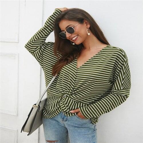 Autumn Women Long Sleeve Stripes Tops Spring Female V-neck Stripe Patchwork T-shirt Girls Batwing Sleeve Casual Gaggy Clothes