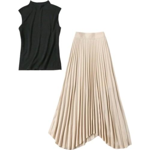 Fall Fashion women clothing set sleeveless black knitted turtleneck sweater pullover top + high waisted pleated long maxi skirt