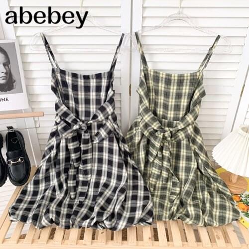 Temperament sleeveless off shoulder Dress double bandage high waist pleated Plaid print short A-line Dress 2021 New Summer