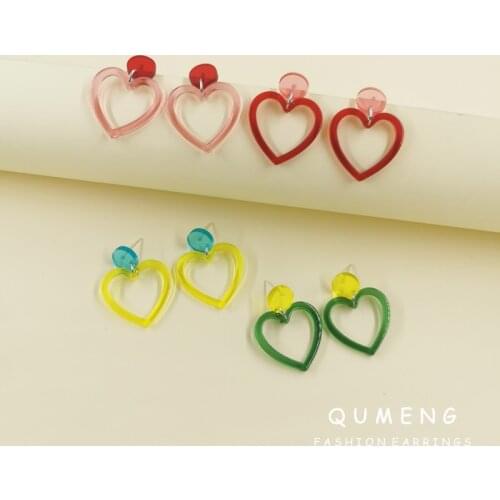 QUMENG Colorful Transparent Cute Heart Shape Love Acrylic Pendant Earrings For Woman Personality Valentiens Day Jewelry Gifts