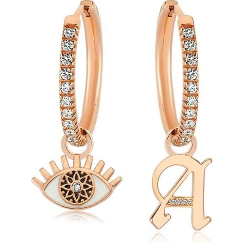 Valori Jewels Evil Eye And Letter, Zirconia White Gemstone, Rose Gold Plated, Sterling Silver Medium Hoop Charm Earrings