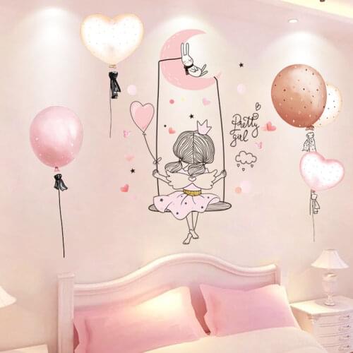 [SHIJUEHEZI] Cartoon Girl Moon Wall Stickers DIY Balloon Mural Decals for Kids Rooms Baby Bedroom Nursery Home Decoration