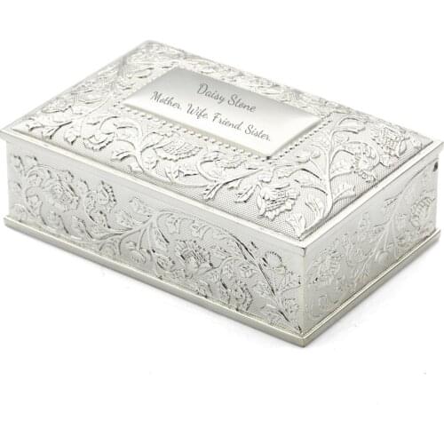 Personalized Silver Deluxe Jewelry Box - Engraved Modern Jewelry Box - Floral Sunflower Rectangular Trinket Box for Women