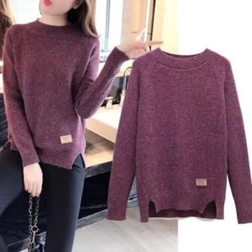 Women Sweater Knit Autumn Winter Style Korean Casual Loose all-match Bottoming Shirt Long-sleeved Lady O-Neck Pullover Split Top