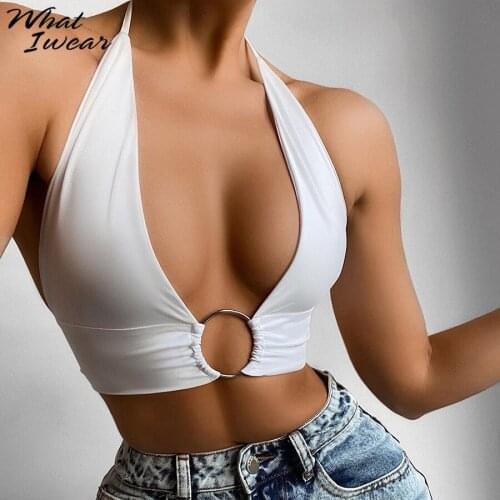 Whatiwear Ribbon Sexy Deep V-Neck Halter Tops Women 2021 Solid Bandage Crop Tanks Sexy Party Clubwear Female Vest Streetwear