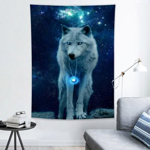 Universe Space Galaxy Wolf Tapestry Wall Hanging Moon Animal Decor Tapestry Bedroom Living Room Dorm Wall Art Bohemian Bedspread