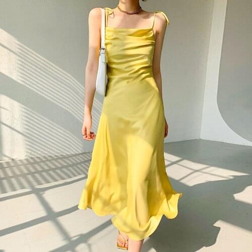 Acetic acid Satin suspender skirt Nice new summer slim waist mid length one shoulder dress Shirring Spaghetti Strap