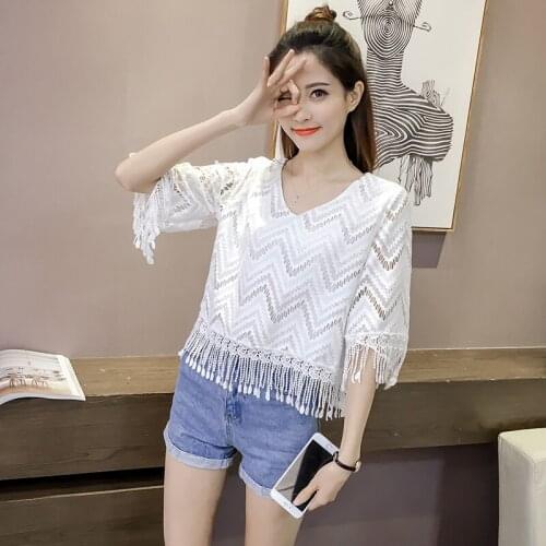 Senhoras tops blusas femininas camisas de manga flare branco oco lace blusa mulheres camisa