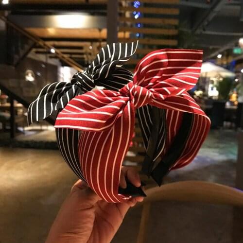 Korea Black Red Stripe Big Rabbit Wide Hair Bands For Women Hair Accessories Lovely Bow Hairbands Headwear Wholesale
