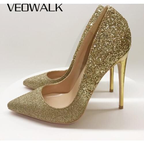 Veowalk Gold Sparkly Women Sexy Pointy Toe Stilettos High Heels Slip On Shiny Wedding Bridal Shoes Chic Ladies Party Pumps