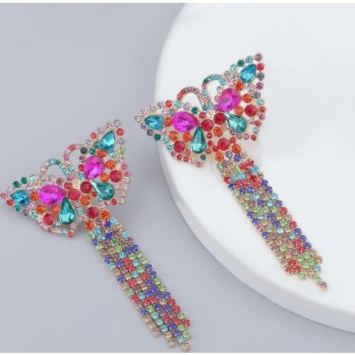 Pauli manfi Fashion simple metal glass rhinestone butterfly tassel earrings womens creative pop party jewelry accessories