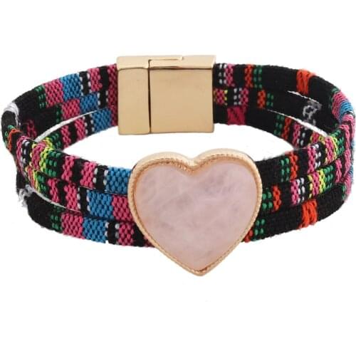 Colorful Rope Heart Stone Charms Cuff Bangle Bracelets for Women Magnet Open Cuff Bracelet Jewelry