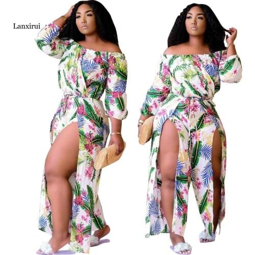 Womens Beach Flower Print Loose Split Jumpsuit Retro Holiday Off The Shoulder One Piece Elegante Sexy Club Playsuit Overalls