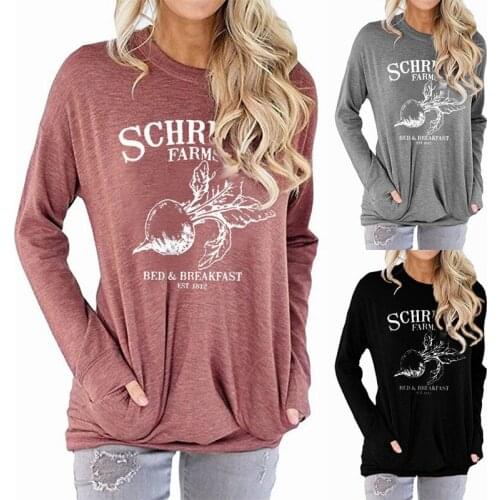 Womens Pocket Sweater Radish Pattern Printed Loose O Neck Long-Sleeved T-shirt Woman Tshirts Tops Harajuku Ropa Mujer Tops