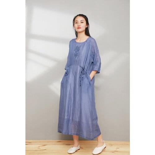 Women Summer Autumn Ramie Embroidered Dress Ladies Double Layer Ramie Dress Female 2020 Loose Dresses