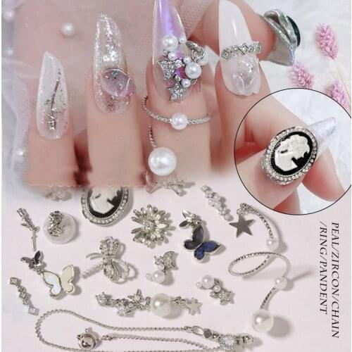 3PCS, 3d Nail Art Elegant Shapes Silver Alloy With Zircon Crystal Rhinestones For Nail Tips Decorations