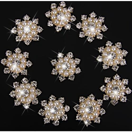 Nishine 5PCS Vintage Metal Decorative Buttons Crystal Pearl Flower Center Alloy Flat Back Rhinestone Buttons Diy Craft Supplies