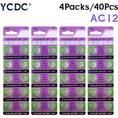 YCDC 40Pcs 1.55V Button Coin Cell Battery AG12 AG-12 LR43 V12GA SR1142 386A for Watch Remote Toy Alkaline Battery Single Use