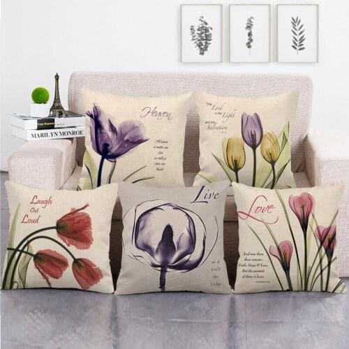 Decorative Watercolor Tulip Flowers Pattern Cushion Covers Fashion Fresh Soft Linen Pillow Cases For Home Sofa Decor Supplies