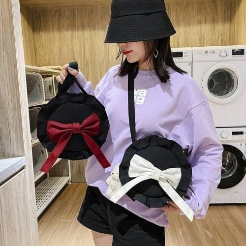 Kawaii Canvas Bag Women Cute Shoulder Bag Fold Bow Hat Messenger Mobile Phone Bag Purses Crossbody for Girl