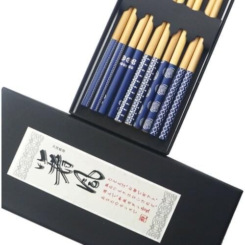 JANKNG Reusable 5 Pair Natural Wood Chopsticks Japanese Sushi Hashi Chopstick Handmade Bamboo Blue Red 23.5cm Chop sticks