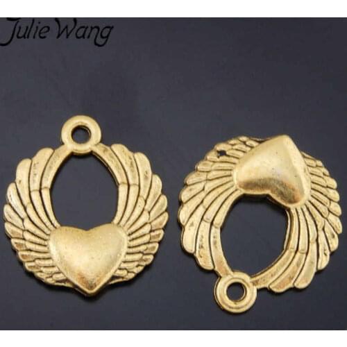 Julie Wang 10PCS Gold Flying Heart Wings Alloy Charms For Necklace Earrings Findings DIY Jewelry Making Metal Accessories