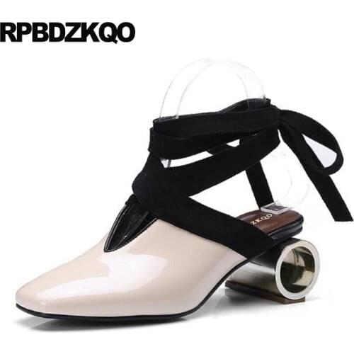 Patent Leather Nude Square Toe Block Heels Slingback Pumps Strange Tie Up Sandals Lace Metal Medium Ladies Ankle Strap Shoes