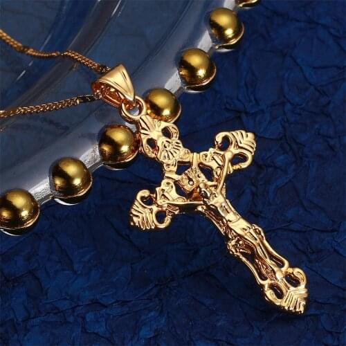 Trendy 24K Gold Color Catholic Cross Jesus Pendant Necklace Christ Cross Chain Jewelry