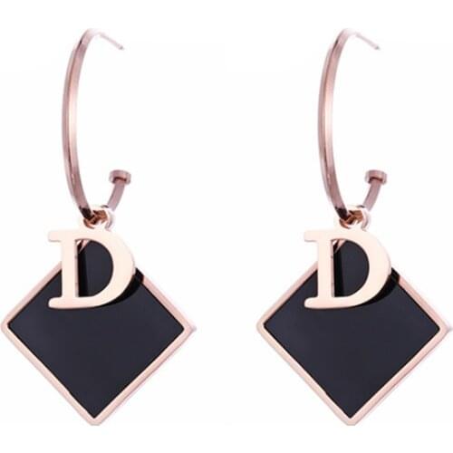Fashion titanium steel earrings letter d square black shell exaggerated earrings Womens Long Earrings No Fade