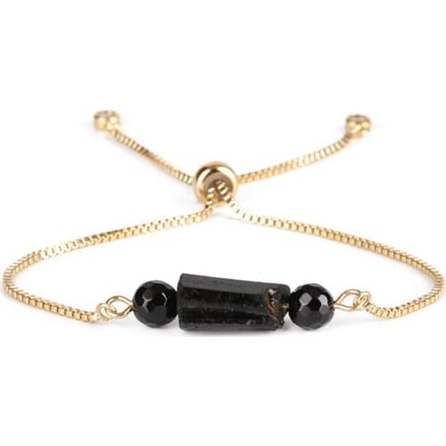 Fashion Natural Rough Tourmaline Mineral Precious Stone & Onyx Bead Stone Copper Link Adjustable Charm Bracelets for Women Man