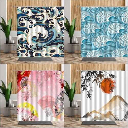 3D Japan Sea Waves Shower Curtain For Bathroom Decors Japanese Okinawa Geometric Traditional Design Pattern Fabric Bath Curtains