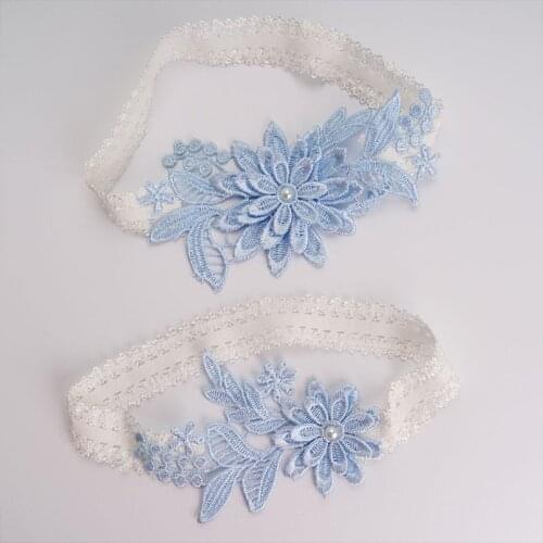 Womens Bridal Stretch Lace Thigh Rings Set Sky Blue Embroidered Flower Applique Patchwork Faux Pearl Wedding Prom Garter Belt