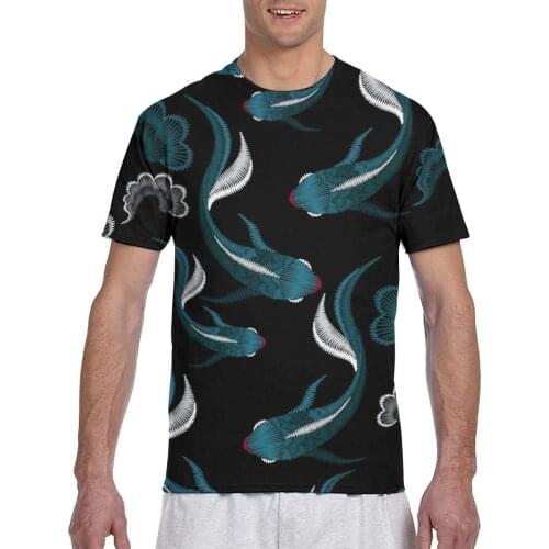 New Arrive Popular Embroidery Blue Ethnic Koi Fish Tshirt Men t-shirt Harajuku Style T shirt Summer Tops
