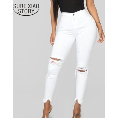 New Ripped Holes Elastic Denim Jeans Women Jeggings Tassel High Waist Pants Capris Female Skinny Pencil Jeans Pantalon 12780