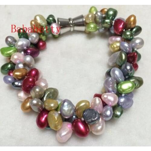 New natural freshwater pearl 7-8 mm irregular shaped multicolor pearl bracelet 8"