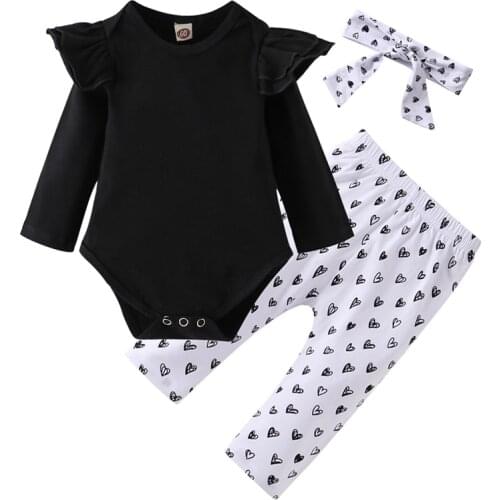 Newborn Baby Girls Infant Clothing Pure Black Ruffle Long Sleeve Tops Love Print Pants Headband 3Pcs Suit Toddler Outfits Set